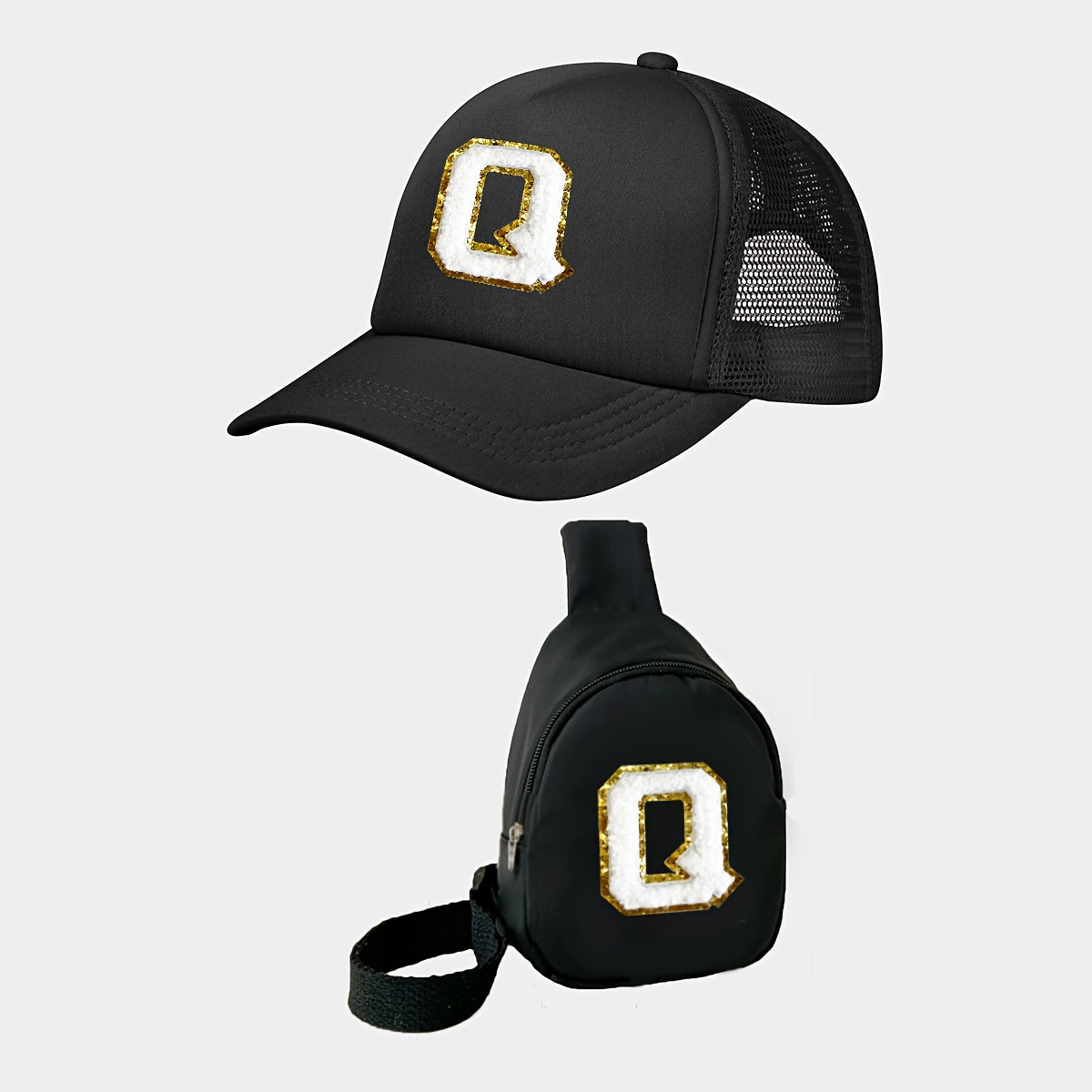 Children's Alphabet Baseball Cap and Shoulder Bag Set for Kids 3-14 Polyester Black