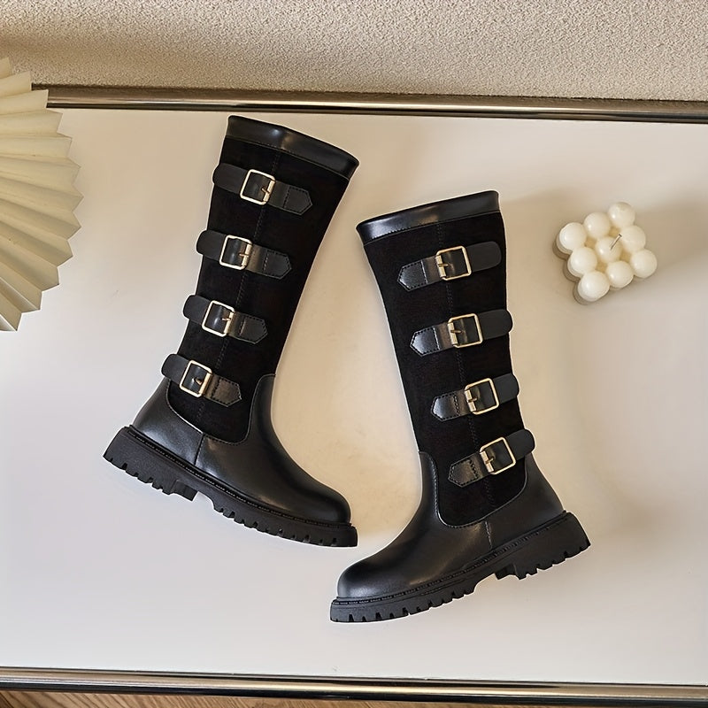 Girls Knee-High Zipper Boots with Rubber Sole for Autumn and Winter