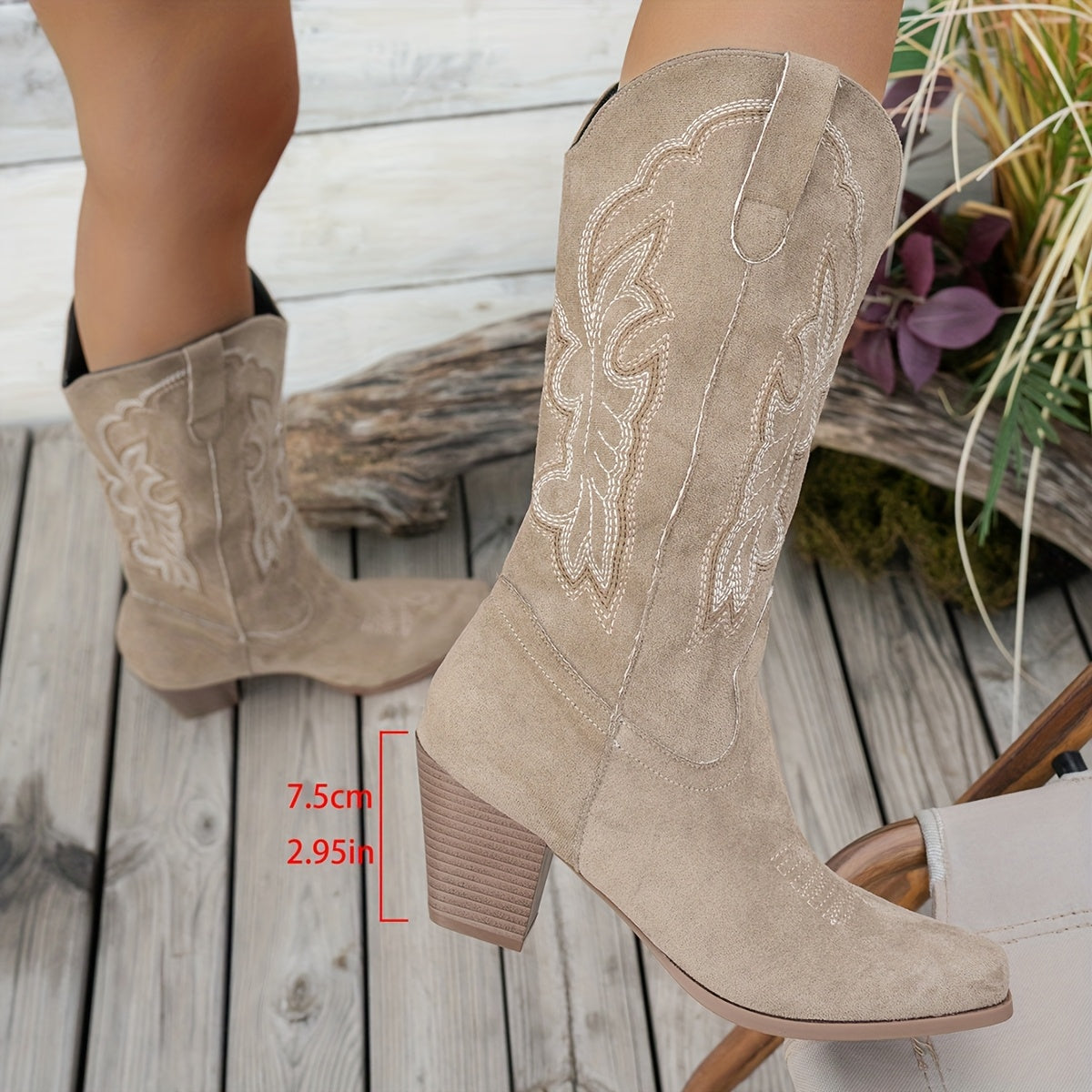 Women's Vintage Western Cowboy Boots Square Toe Mid-Calf Floral Embroidery