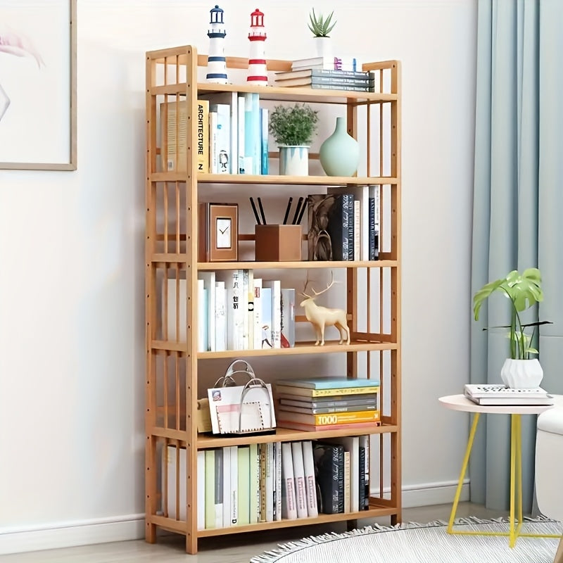 Бамбуковая книжная полка 4/5 ярусов напольная для кухни, учебы, гостиной Желтая