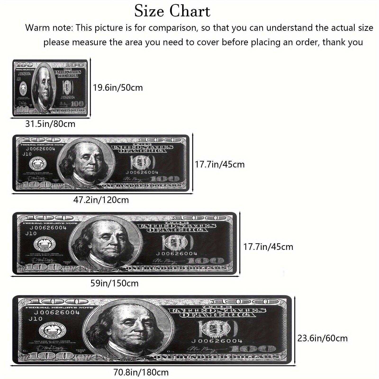 Black Dollar Design Rug, Soft Flannel, Anti-Slip Backing, Easy to Clean