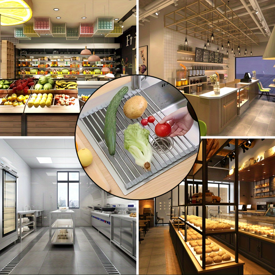 Складная сушилка для посуды из нержавеющей стали, предназначенная для кухонной мойки. Складывается и регулируется для размещения тарелок и столовых приборов любого размера. Имеет дренажную полку для кухонной столешницы.