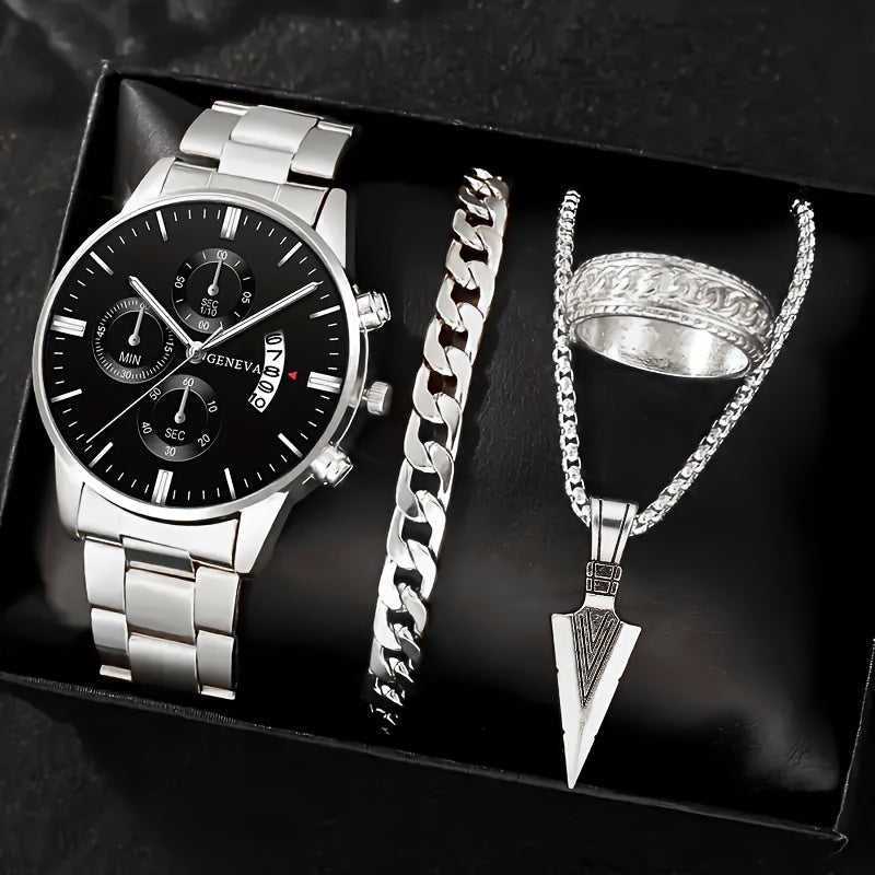 Erkaklar uchun 4 qismli moda sovg'a to'plami, kalendari bo'lgan zanglamas po'latdan yasalgan kvarts soat, o'q zanjiri, bilaguzuk va uzukni o'z ichiga oladi. Biznes tasodifiy kiyimlar uchun mukammal.