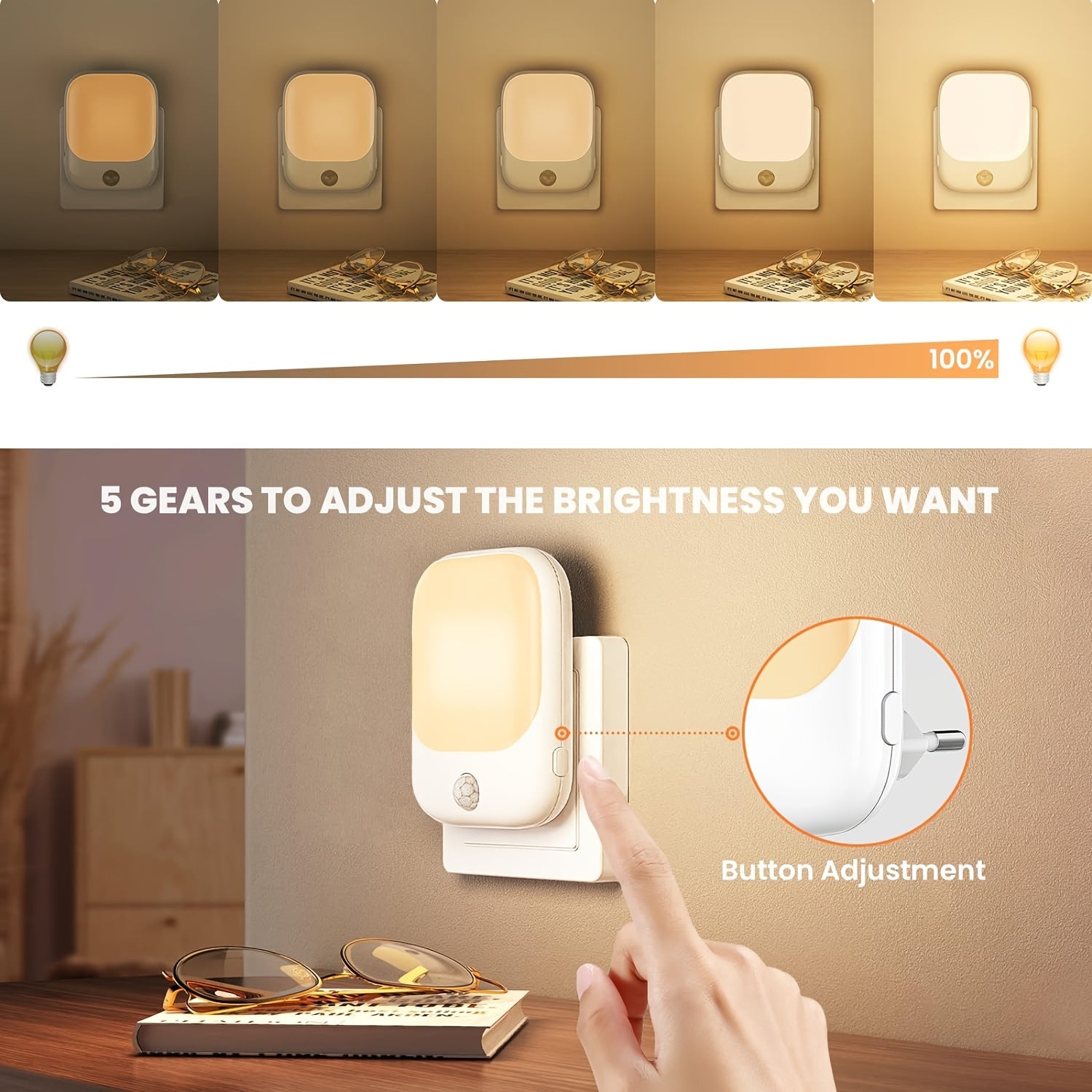Motion Sensor Night Light Socket with 5 Brightness LED Warm White Wall Mount Hallway Kitchen