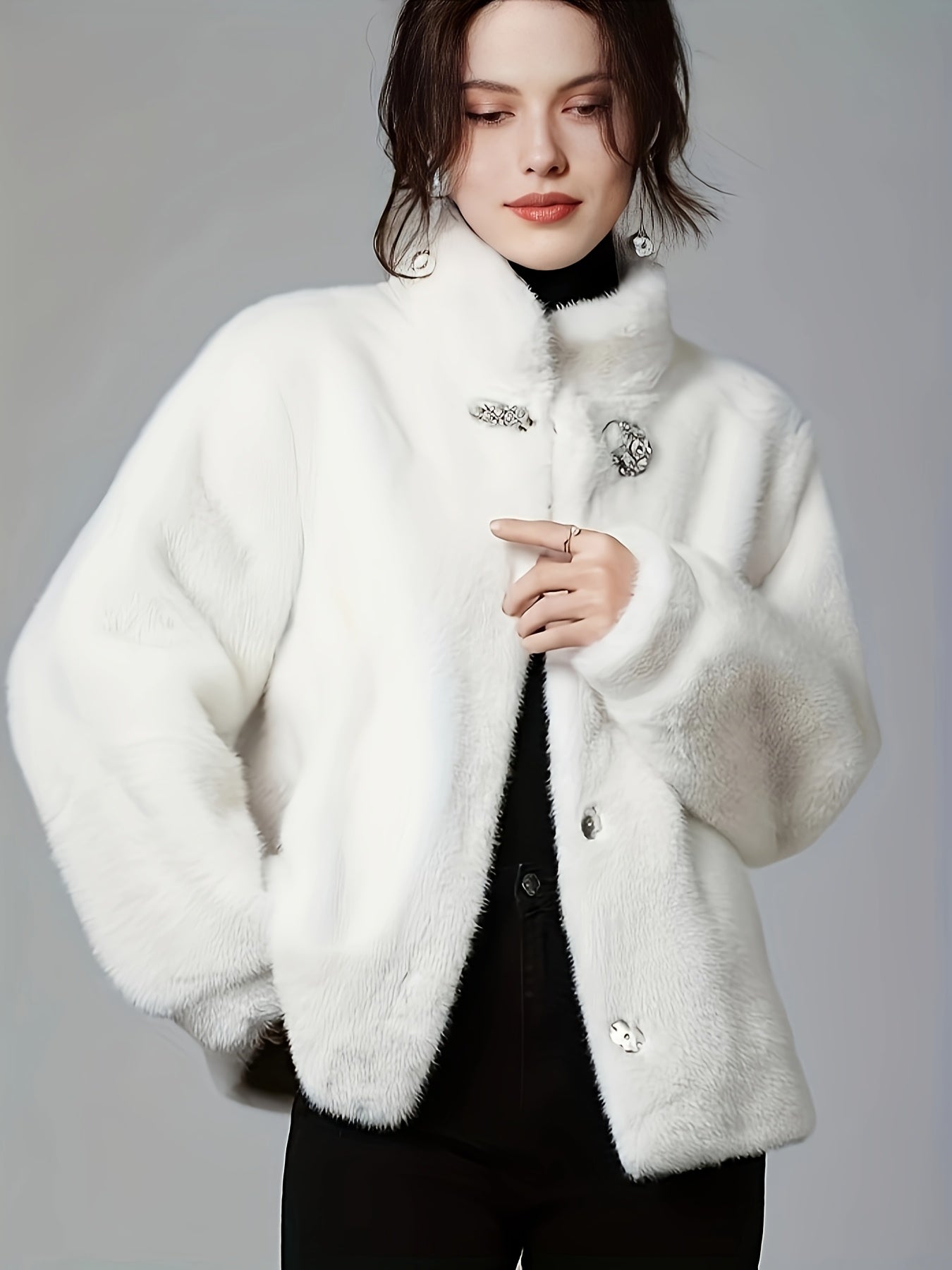 Women Plus Size Faux Mink Coat Long Sleeve Winter Jacket Solid Color