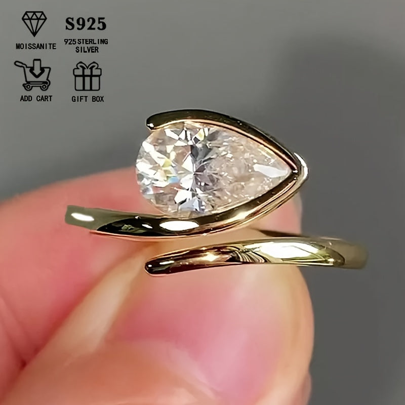 925 Silver Plated Moissanite Pear-Shaped Wedding Band for Women Adjustable Hypoallergenic Engagement Ring