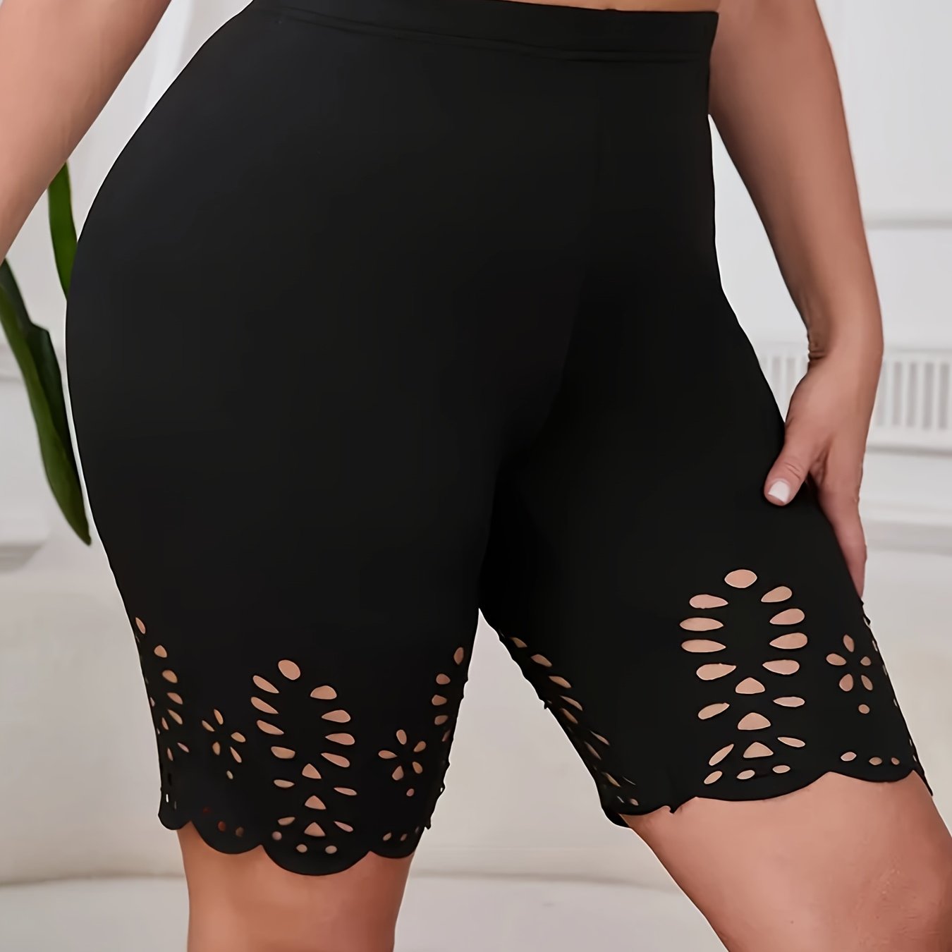 Plus Size Women High-Waisted Knee-Length Shorts Black Elastic Summer Bermudas