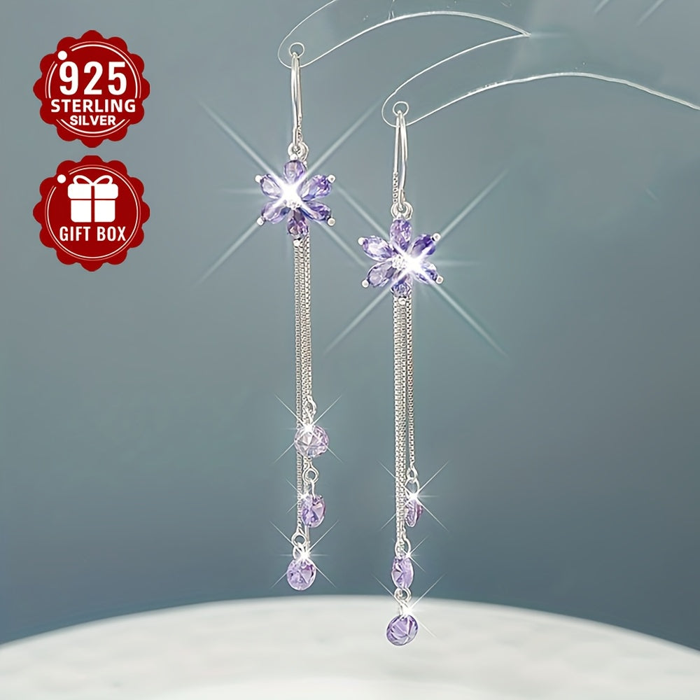 Sterling Silver Purple Flower Tassel Earrings for Women Elegant Jewelry Gift