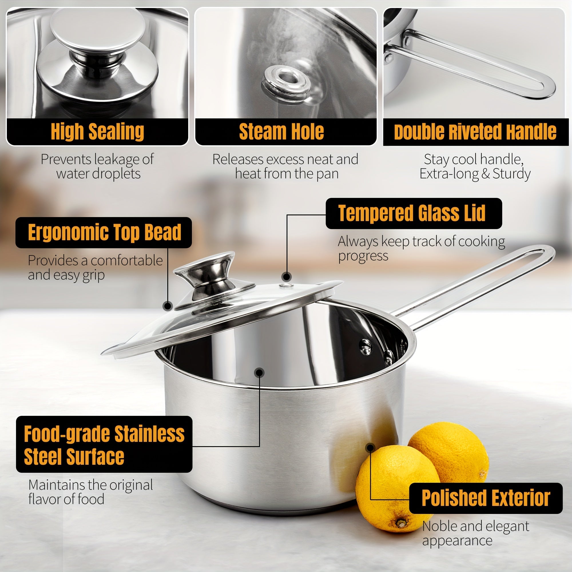 Set of 6 Stainless Steel Nonstick Cookware Pots and Pans for Induction and Gas Stovetops