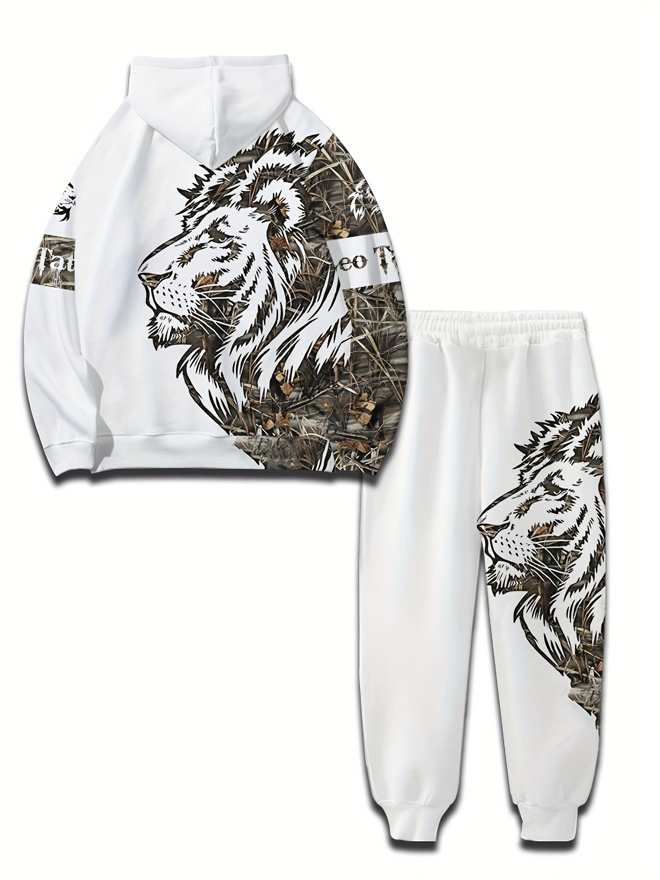 Men's Polyester Tracksuit Set with Geometric Lion Print Hooded Casual Spring Fall