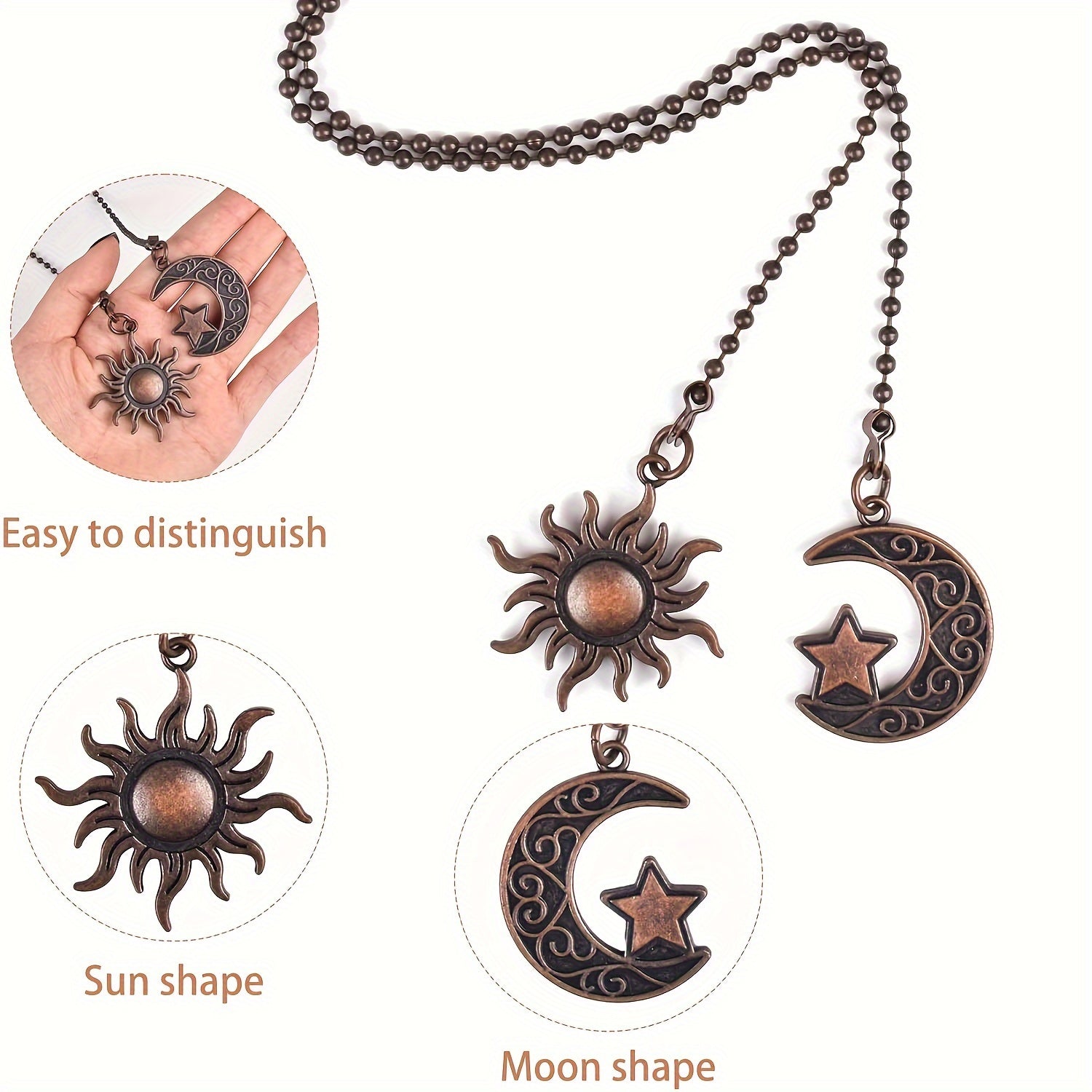 2PCS Bohemian decorative totem ceiling fan pull chain extension set 12 inches beaded ball moon sun