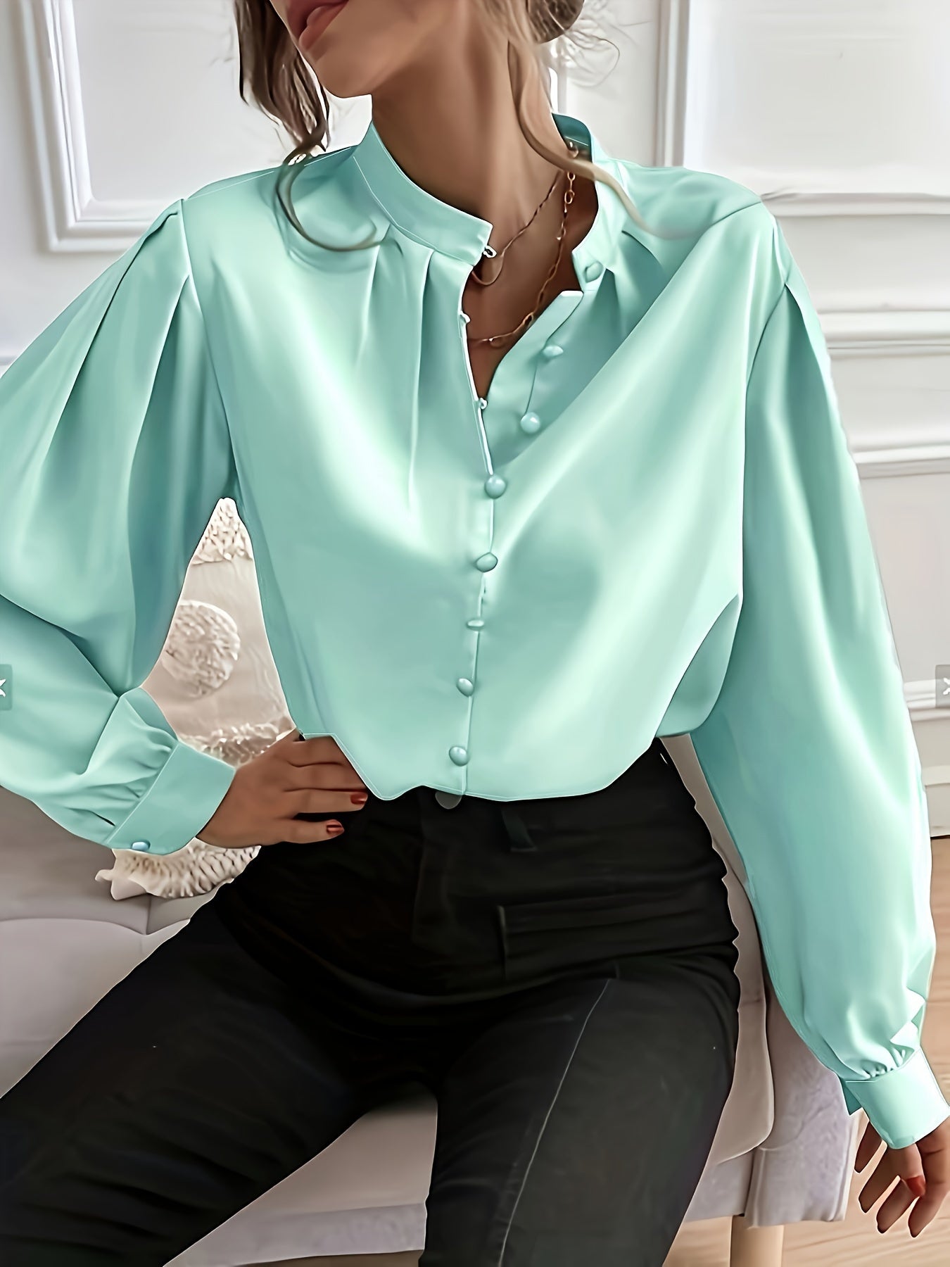 Women's Plus Size Woven Shirt Casual Short Sleeve Polyester Blue