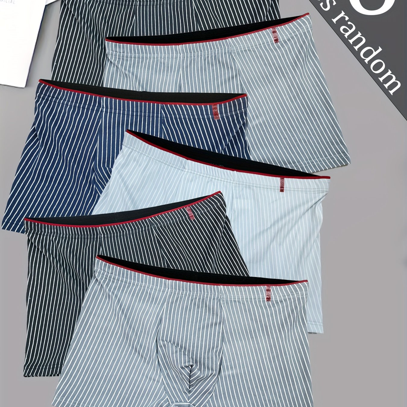 Erkaklar uchun 6 ta polyester boxer shortlari, nafas oladigan va cho'ziladigan to'rt tomonlama cho'ziladigan mato bilan chiziqli naqshda. Tasodifiy kiyim uchun qisqa ichki kiyim turi, to'qilgan tuzilishga ega.
