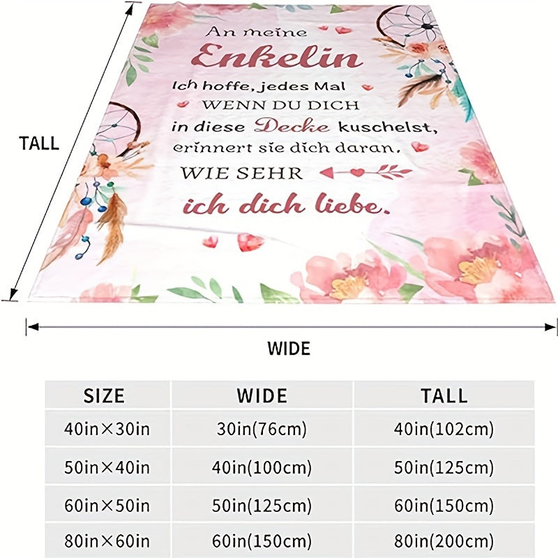 Flannel Floral Blanket with German Letter Print for Gifting and Multi-Purpose Use