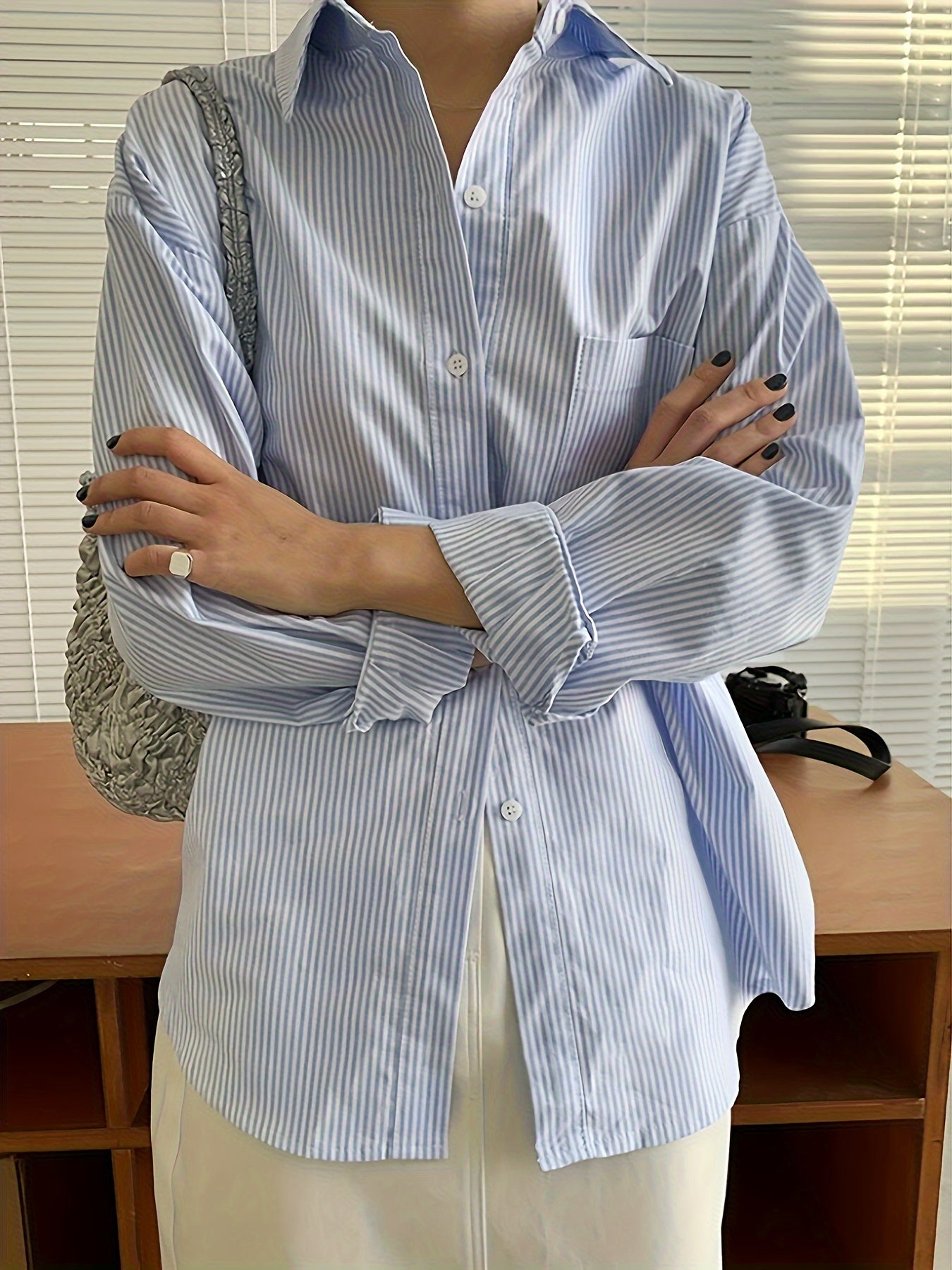 Women's Long Sleeve Blue Striped Lapel Shirt for Spring and Fall