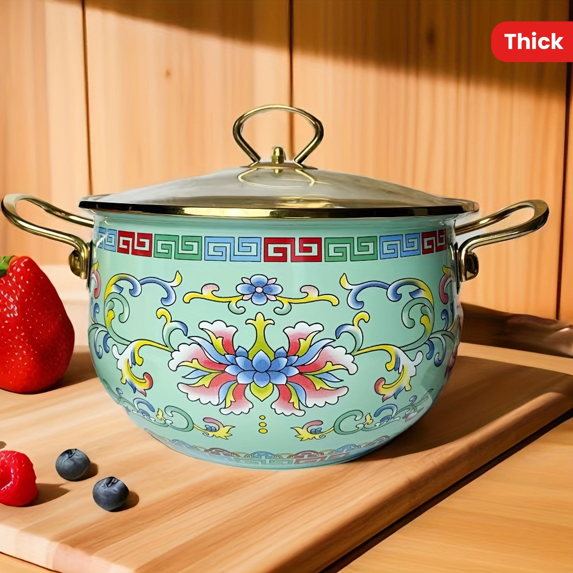 Durable Enamel Soup Pot Set with Lid, Double Ear Handles, Induction Compatible