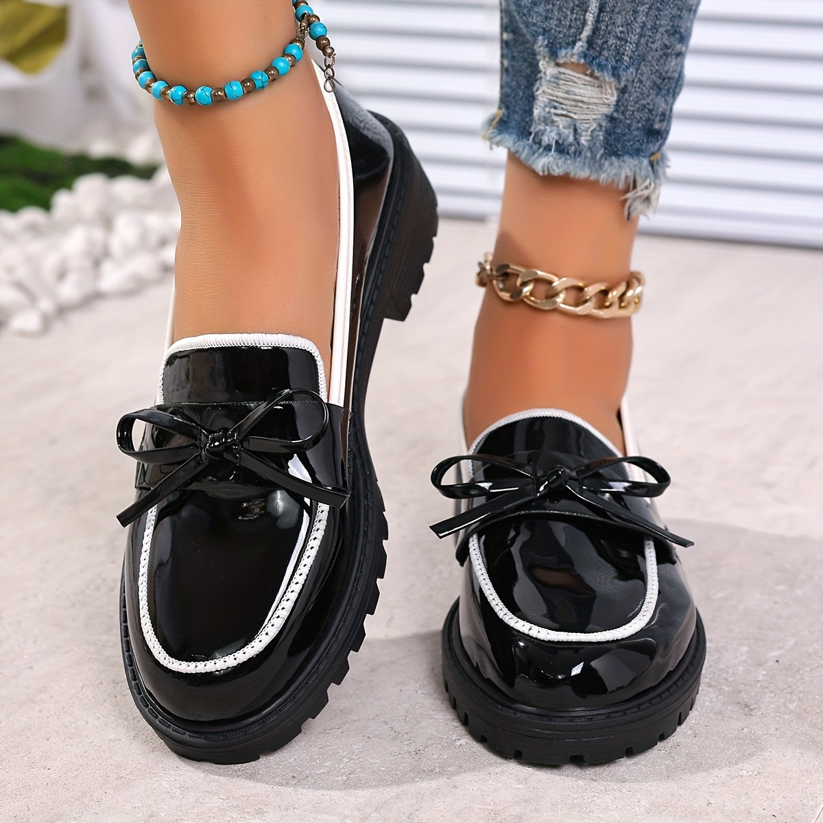 Women's Leather Tassel Loafers with Chunky Heel and Bowknot