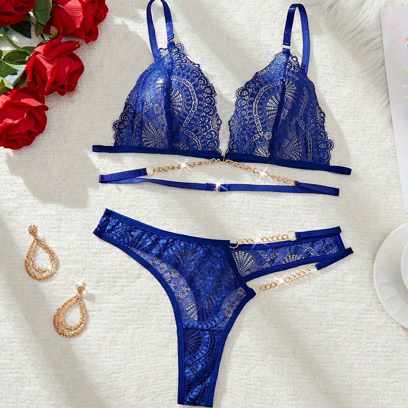 Women's Lace Lingerie Set with Pink and Blue Sheer Nylon and Metal Chain Details