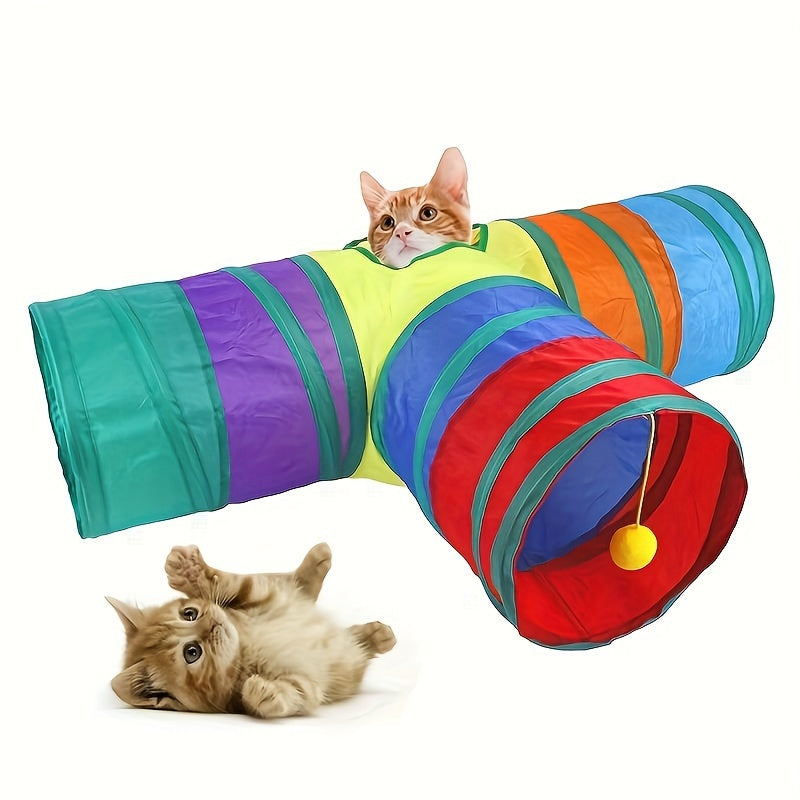 Plaid Foldable Cat Tunnel with Play Ball Durable Polyester Interactive Kitten Toy