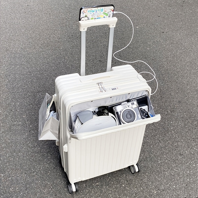 20-Inch Lightweight Hard Shell Spinner Luggage with USB Port Expandable Handle and Multi-Directional Wheels White