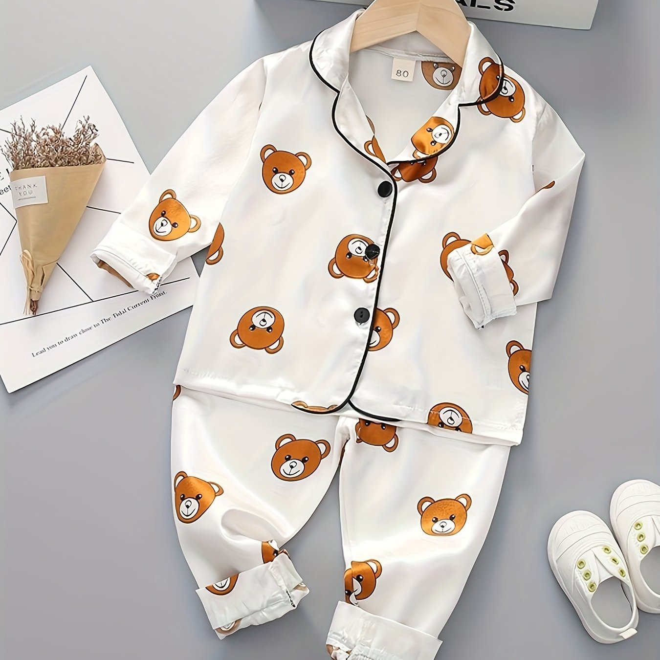 Kids Long Sleeve Cartoon Bear Pajamas Set Satin Casual Spring Fall