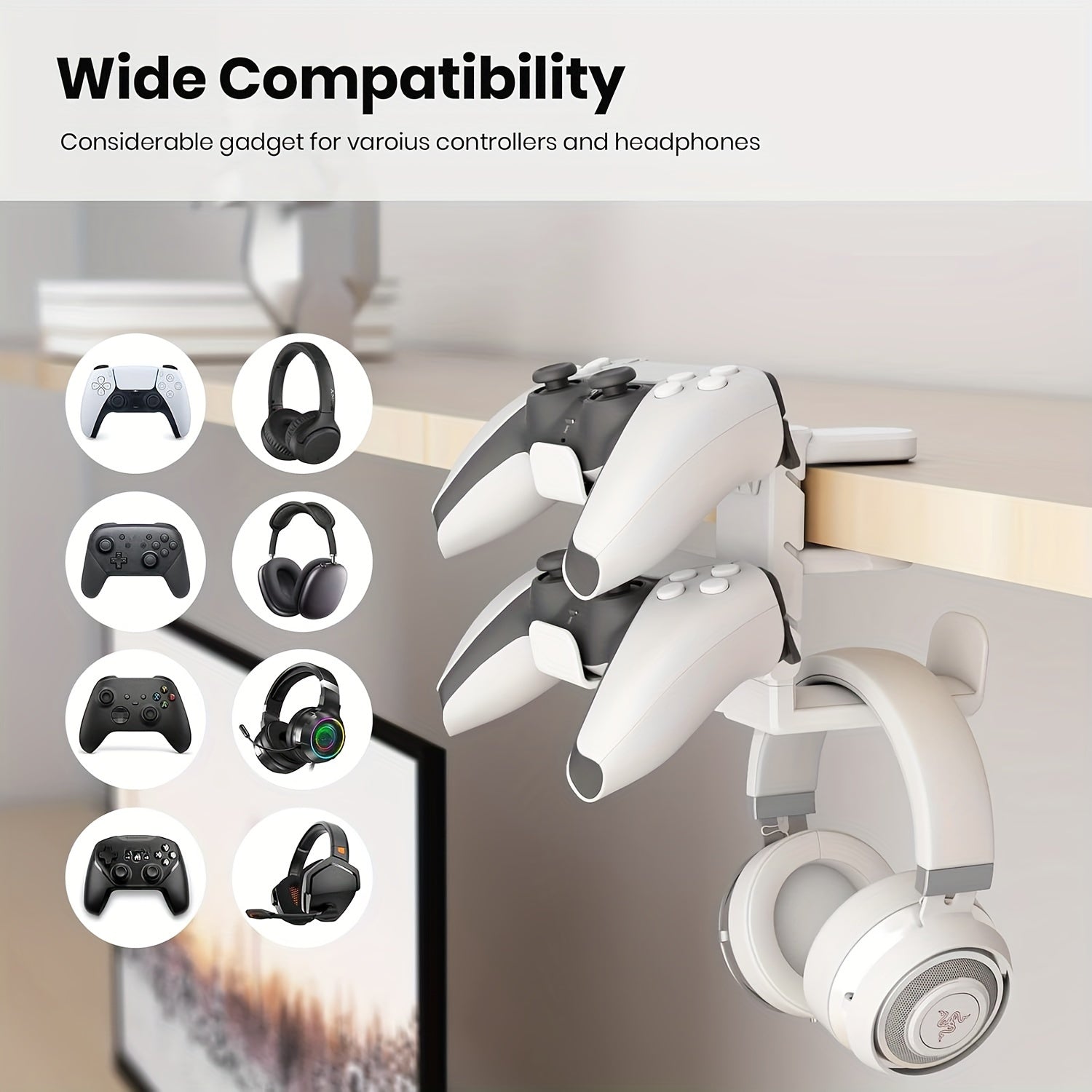 Черный 3-в-1 регулируемый держатель игровой гарнитуры и контроллера с вращающимся зажимом для PS5/Switch/Xbox. Имеет подставку под стол и крючок для кабельного органайзера.