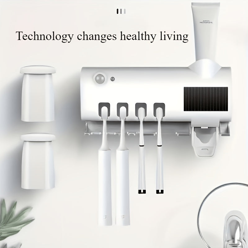 White Smart Toothbrush Holder with Automatic Toothpaste Dispenser Wall-Mounted Rechargeable Bathroom Organizer