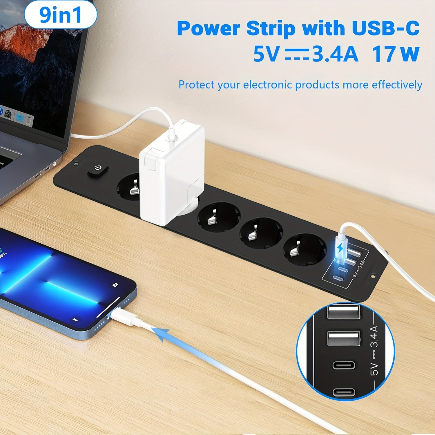 Home Power Strip with 4 USB Ports, 5 DC Sockets, High Power Socket and 6.56 ft Extension Cord