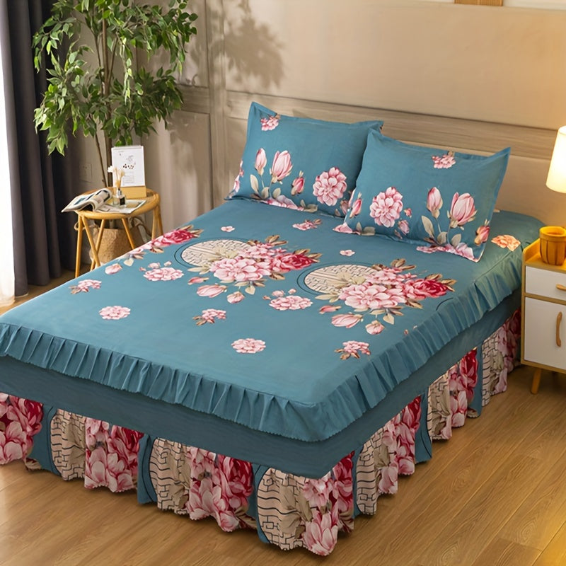 Traditional Chinese Peony Floral Bed Skirt with Lucky Bee Accents 100% Polyester