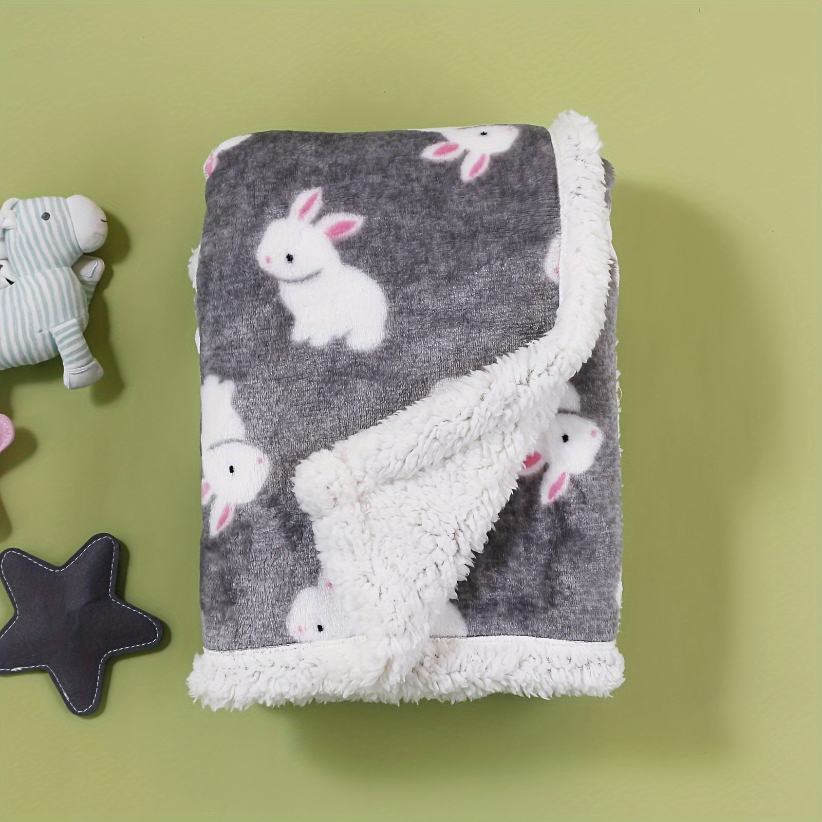 Kids Flannel Blanket with Rabbit Pattern for Spring and Autumn Gray Green Thick Cozy Machine Washable