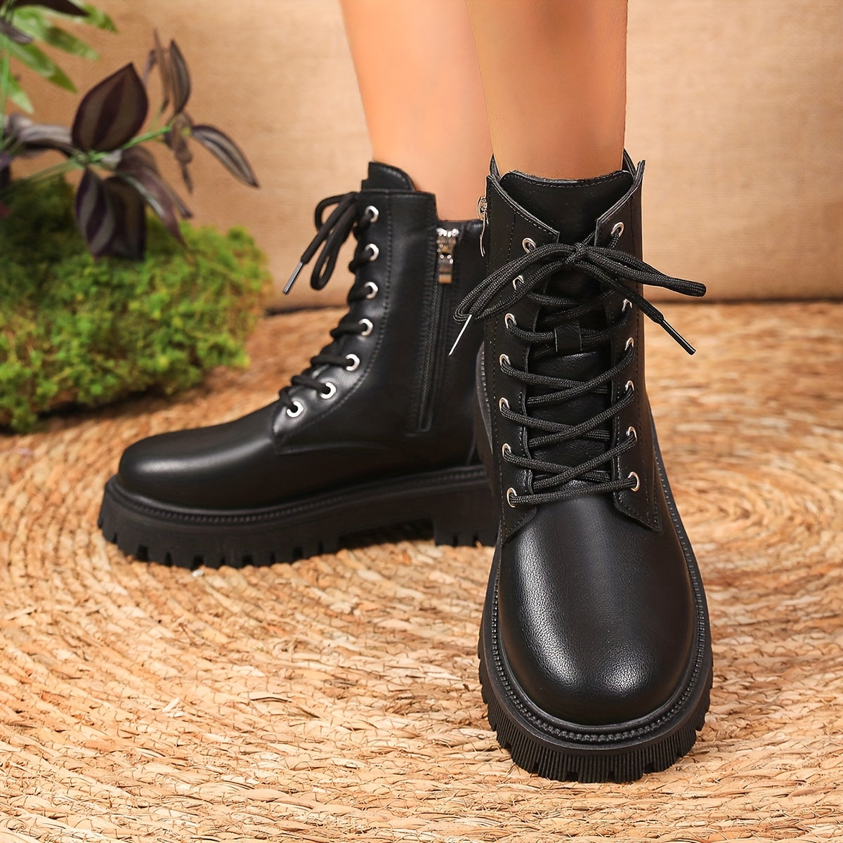 Women Black Platform Combat Boots Lettte Ankle Lace-Up Round Toe