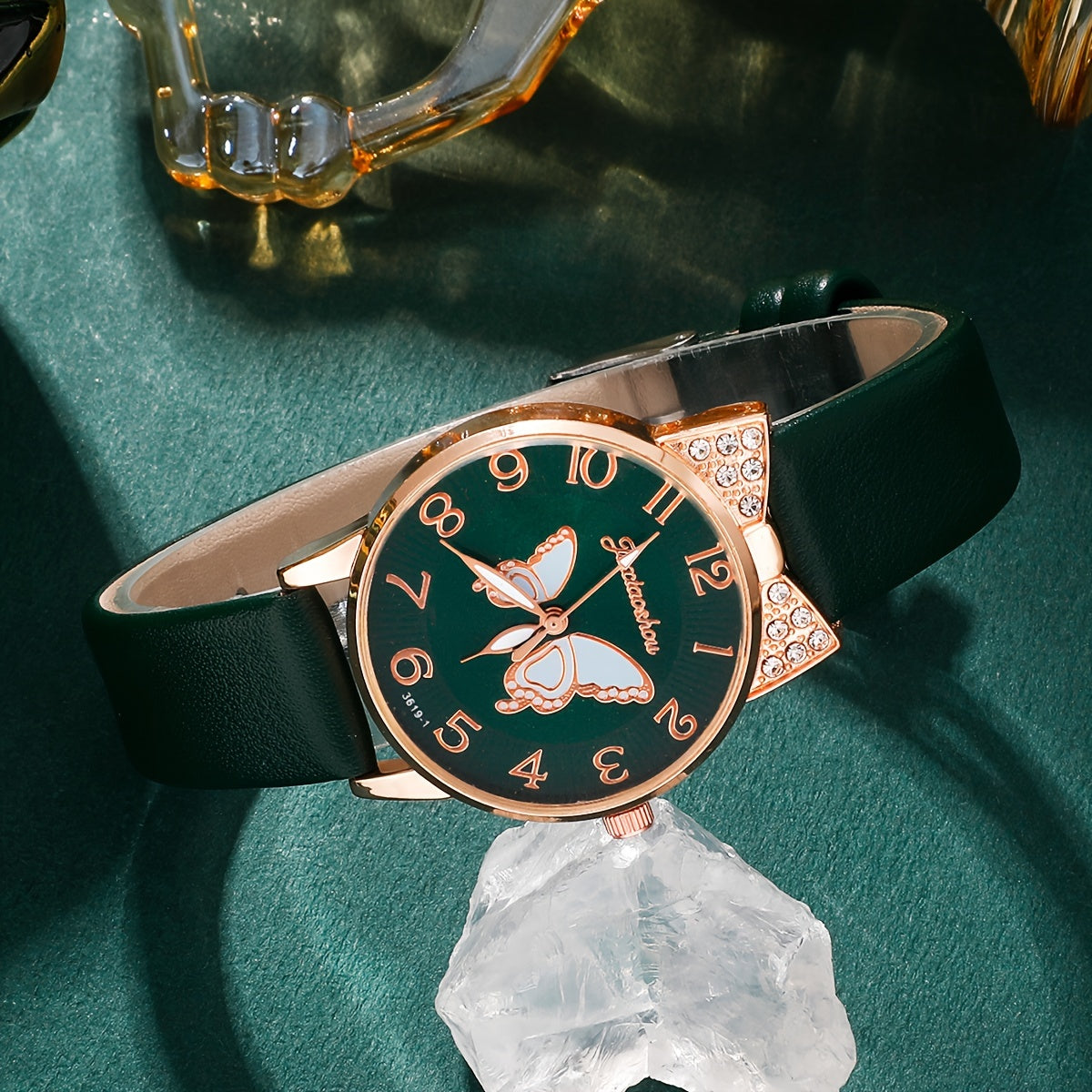 Women's Watch and Bracelet Set with Crystal Detailing and Faux Leather Strap