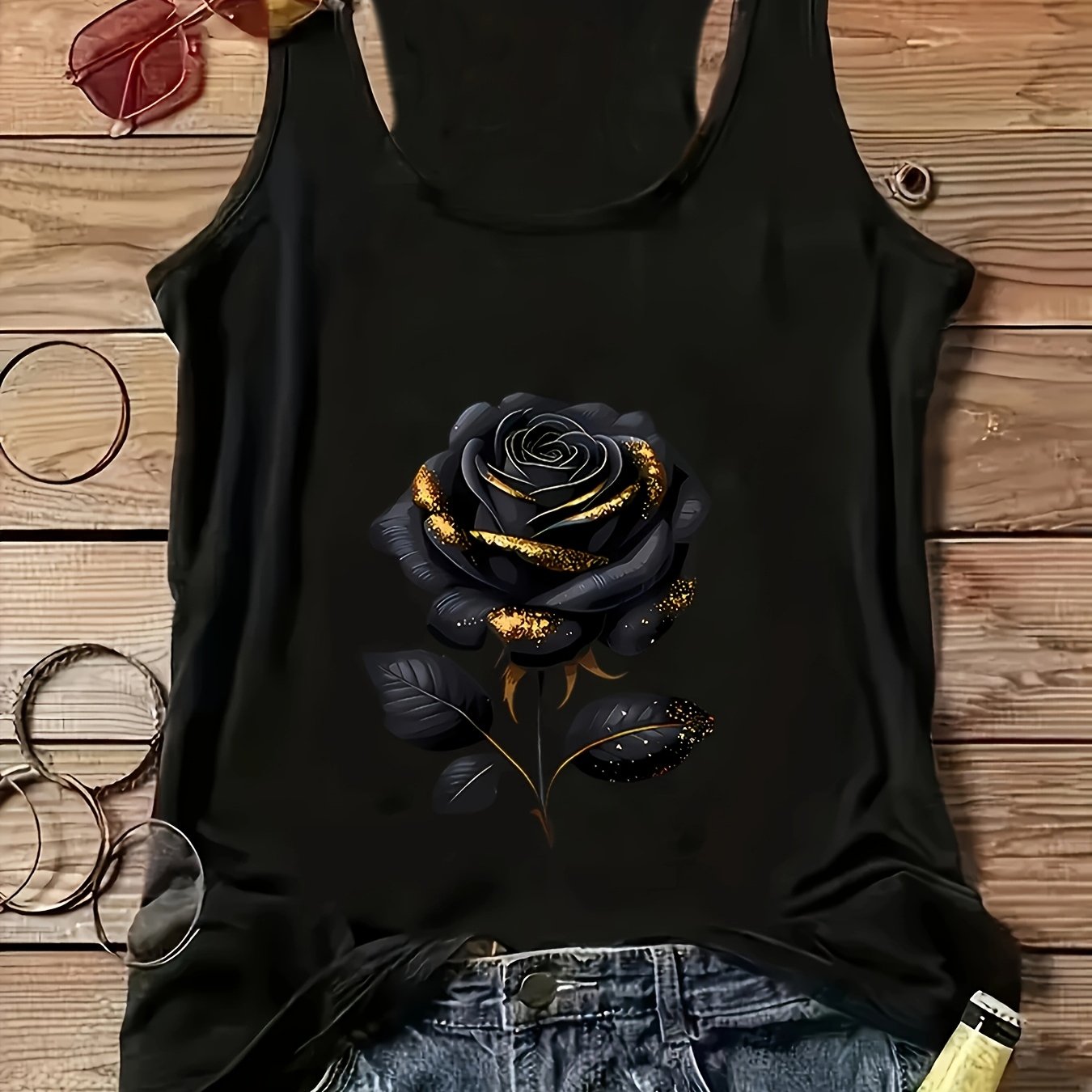 Женская майка без рукавов большого размера черная с золотым и розовым принтом, эластичный полиэстер, повседневная, для всех сезонов