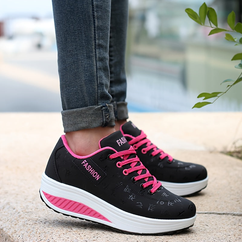 Women's Lightweight Casual Sneakers Pink Black Synthetic Lace-Up Breathable