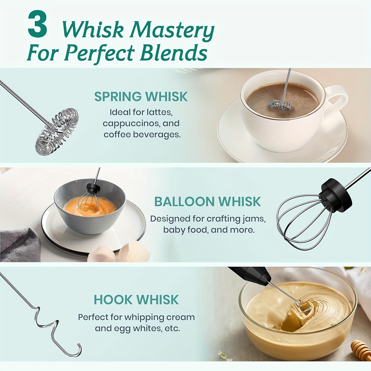 Batidor de leche de mano recargable con soporte, batidor eléctrico de 3 velocidades y accesorios de acero inoxidable