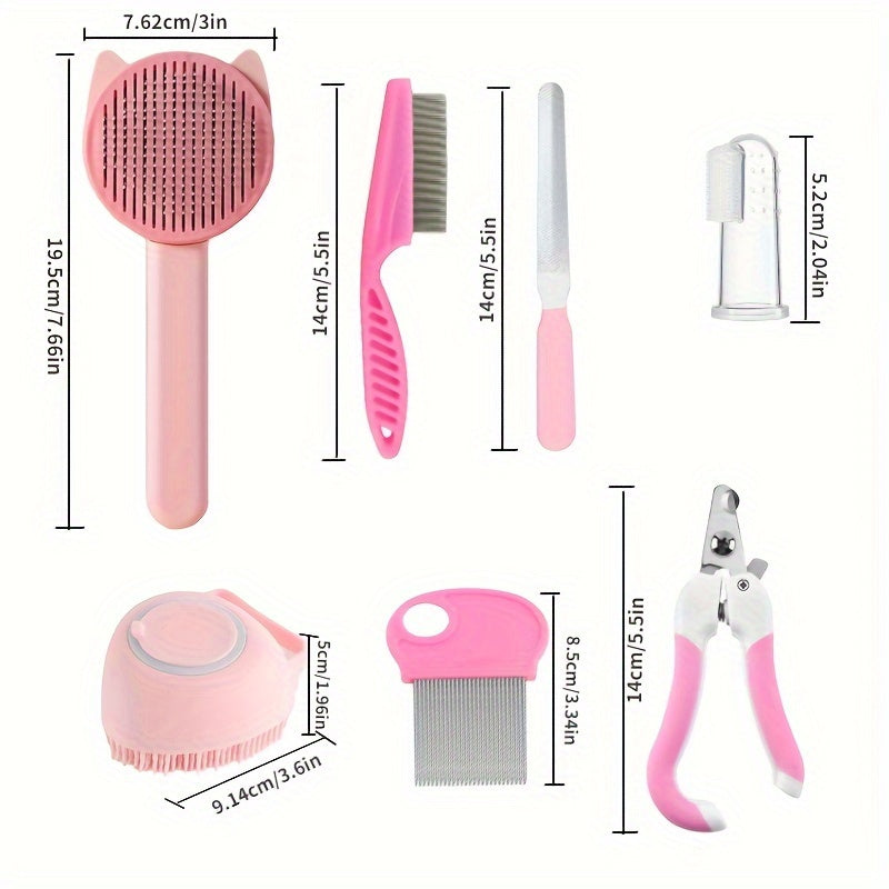 8-Piece Cat Grooming Kit with Self-Cleaning Brush Nail Clippers Combs Toothbrush Pink Silicone