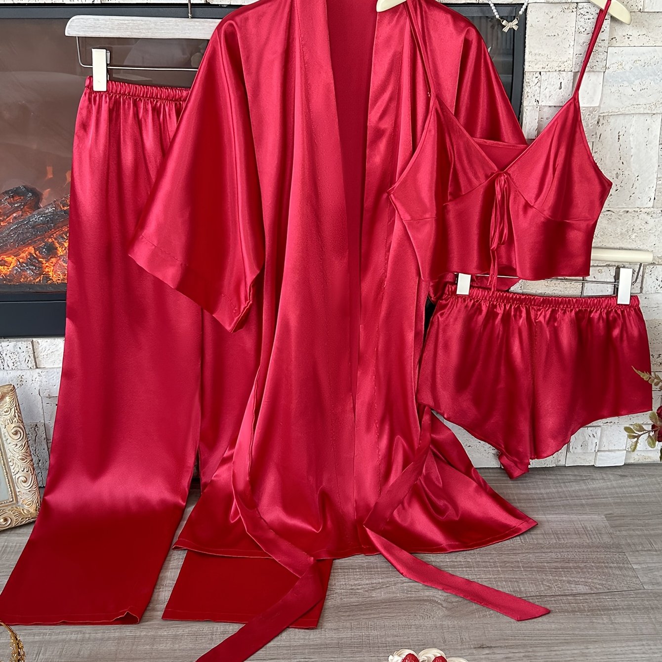 Women's Satin Pajama Set Includes V-Neck Robe with Sash Mini Bralette and Shorts Solid Color Polyester Fall Winter Sleepwear