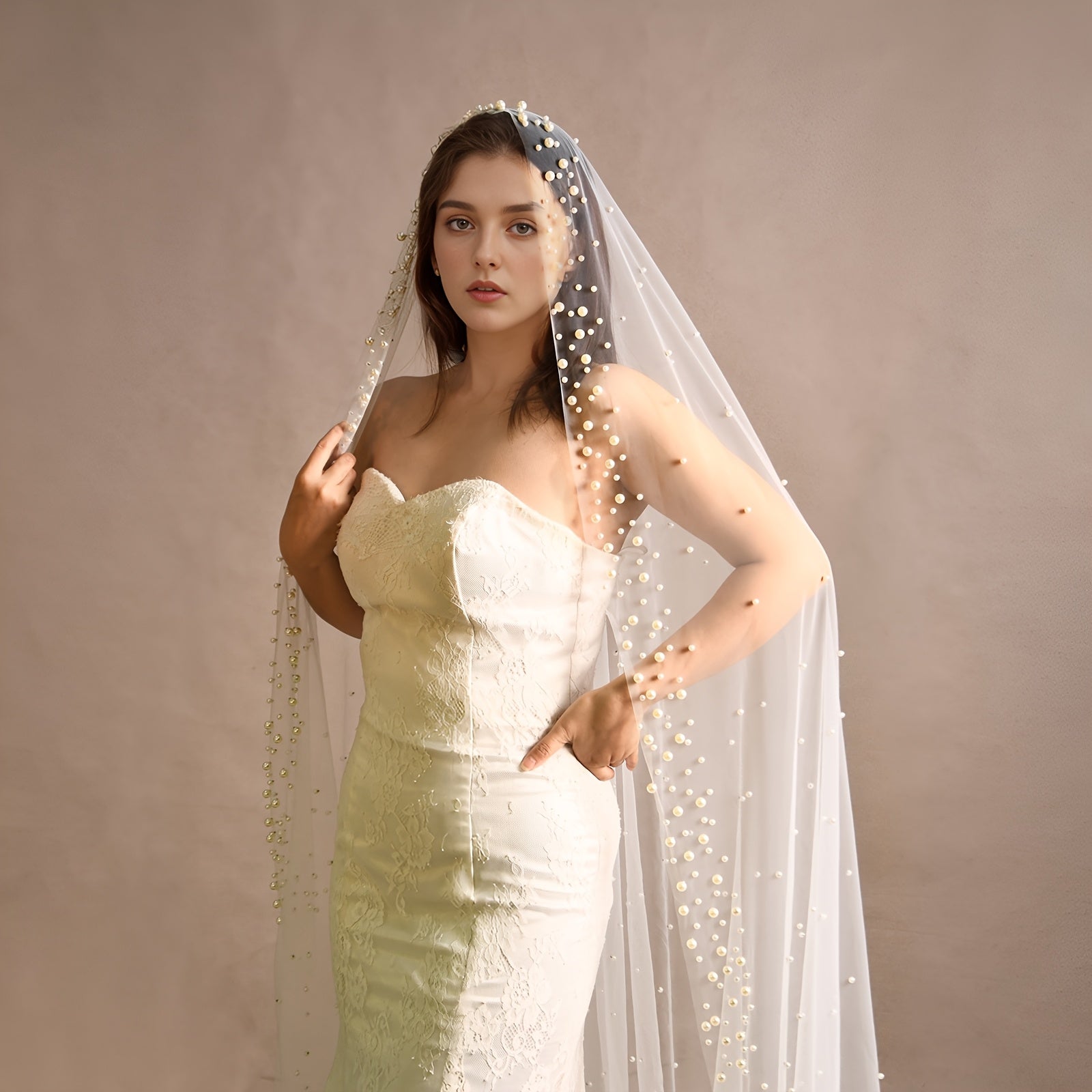 Bridal Veil Cathedral Length Faux Pearl Accents Nylon Wedding Accessory