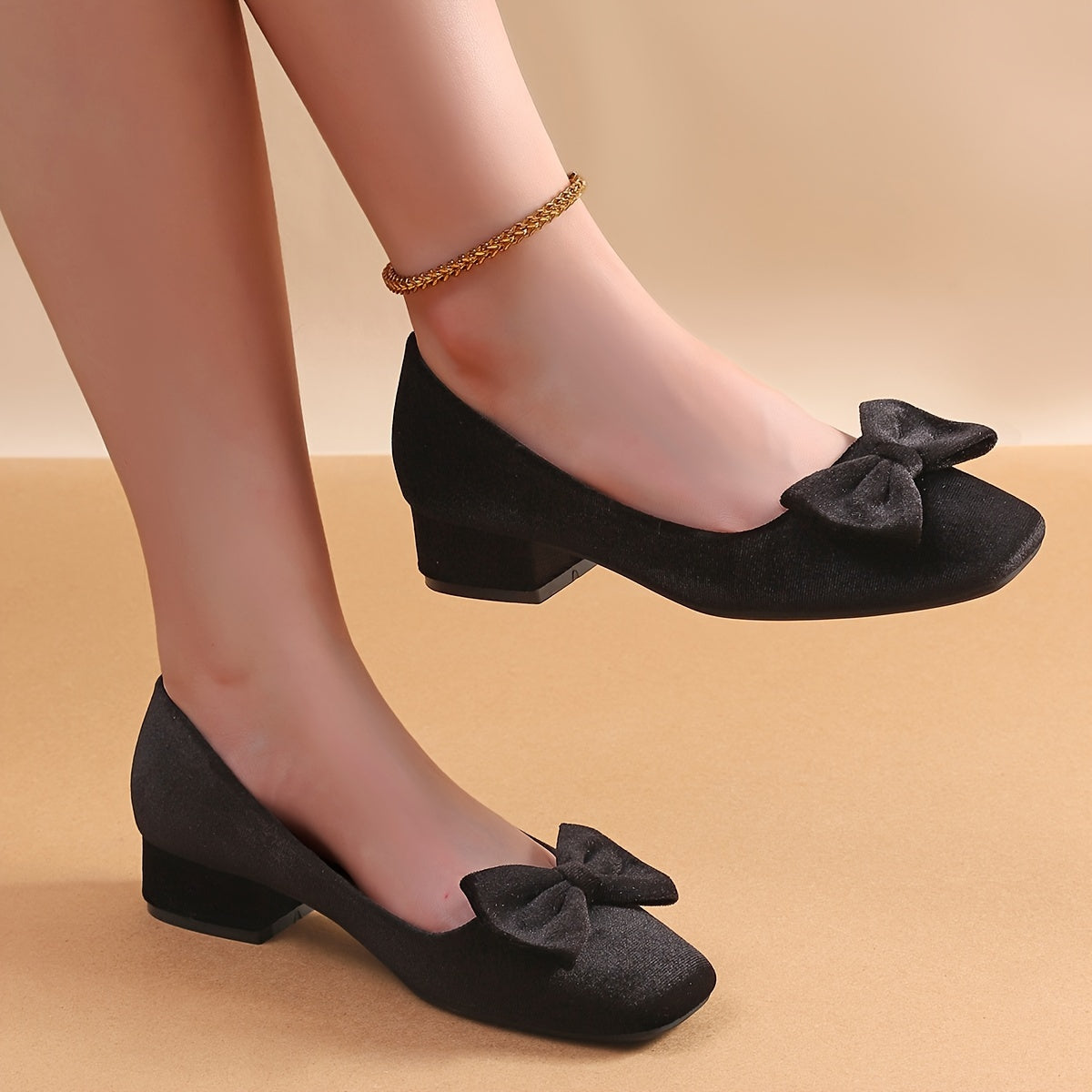 Women's Velvet Bowknot High Heels Square Toe Chunky Heel Office Shoes