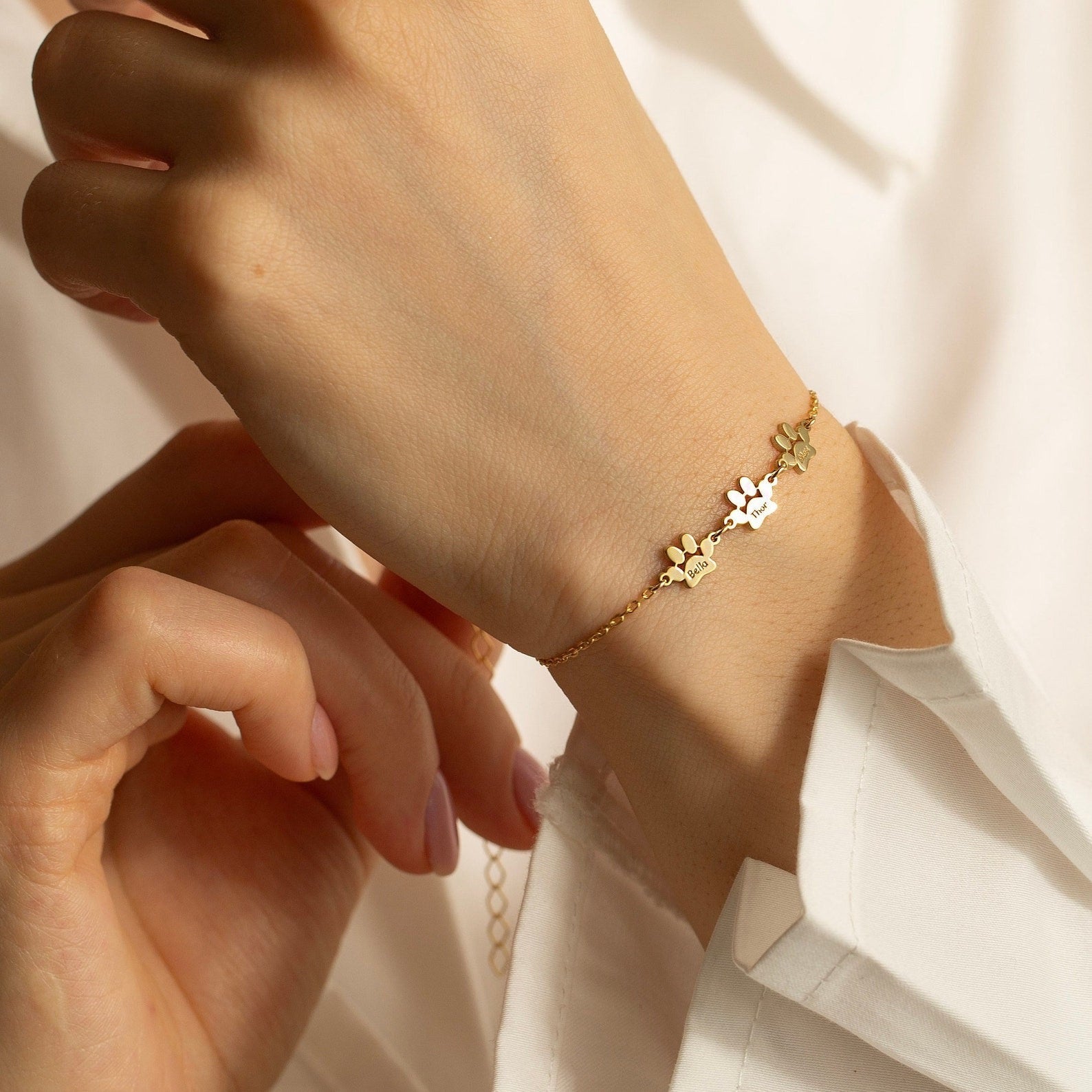 Personalized Stainless Steel Cat Paw Bracelet with Names Bohemian Pet Keepsake Gift