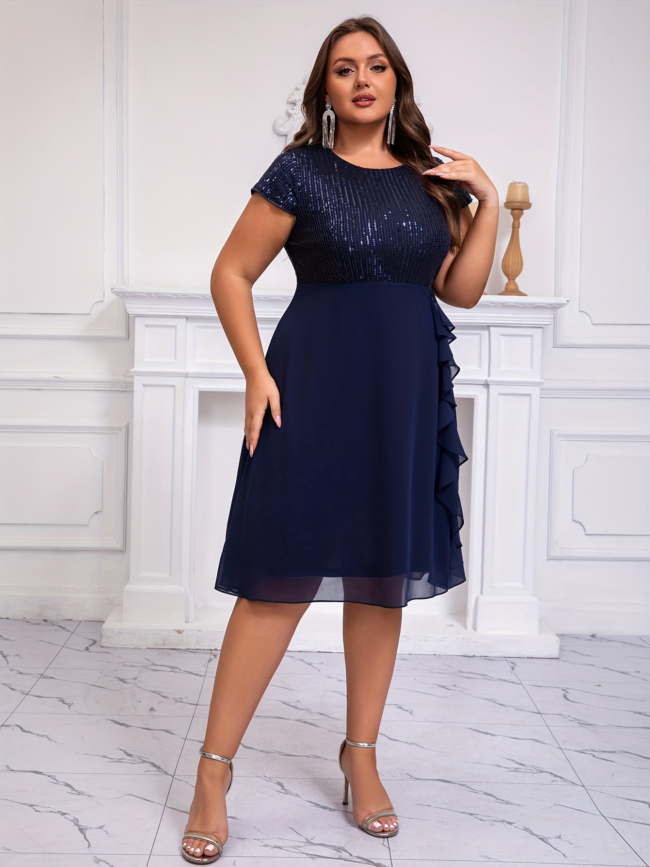 Plus Size Women's Chiffon Dress with Sequin Patchwork