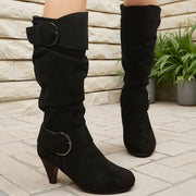 Women's Ankle Boots Leather Chelsea Long Boots with 7cm Heels