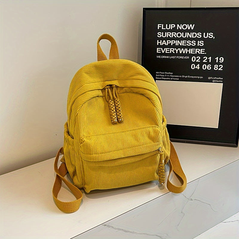 Small Corduroy Backpack for Winter Casual Students Water-Resistant Zipper Closure
