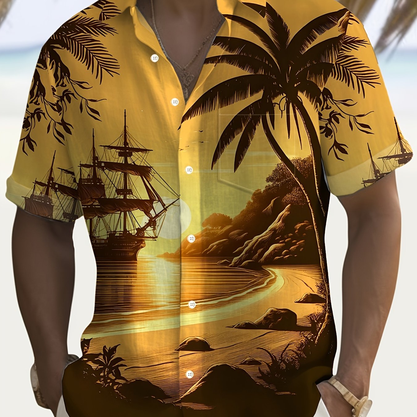 Men's Hawaiian Sunset Sailboat 3D Print Polyester Shirt with Lapel Collar and Pocket