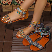 Women's Bohemian Beaded Flat Sandals with Ankle Straps Open Toe
