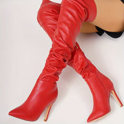 Women's Solid Color Point Toe Over The Knee Stiletto Boots with Side Zipper