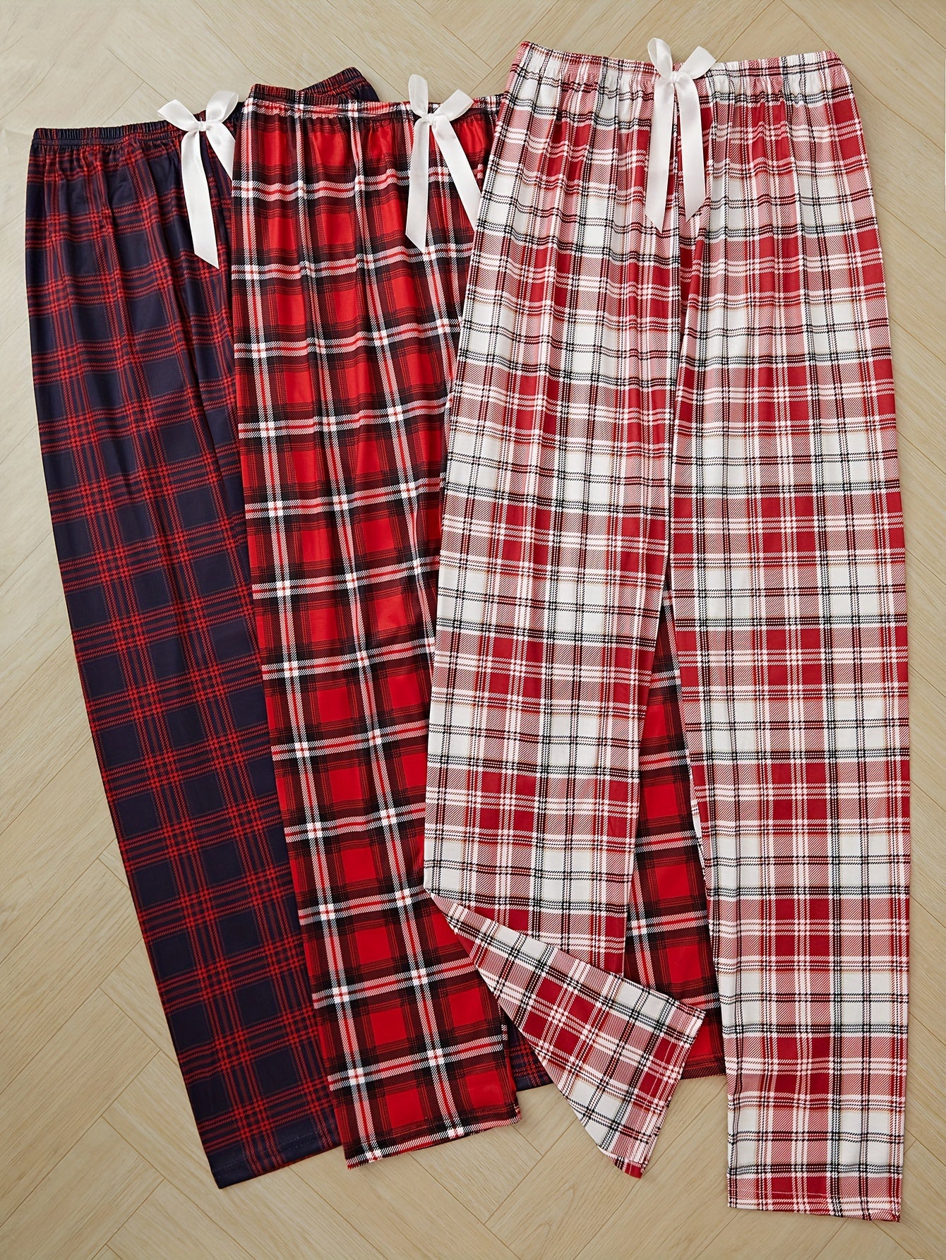 Adult Plaid Sleep Pajama Sets with Front Bow and Micro Elasticity