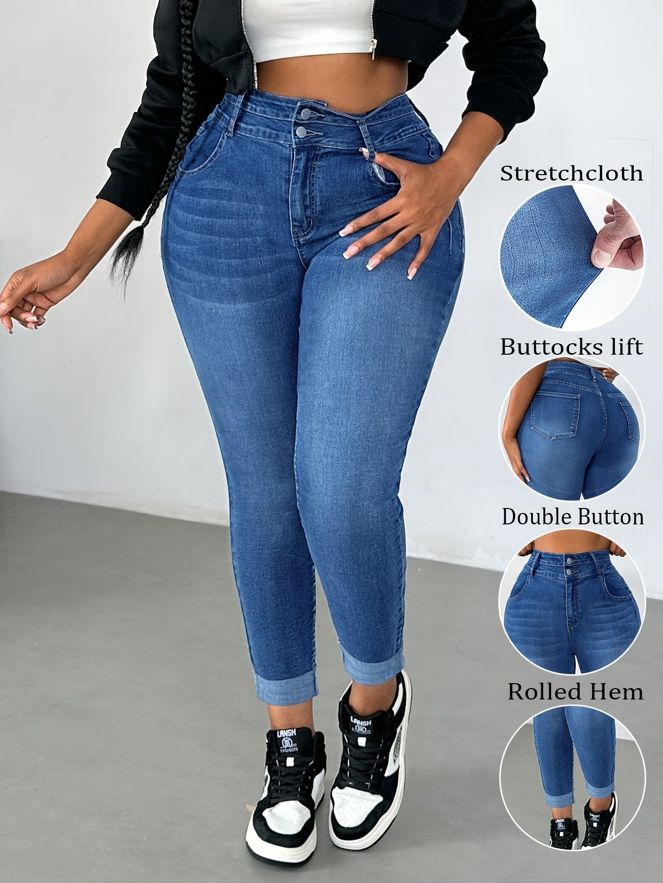 Women's Plus Size High-Waisted Blue Skinny Jeans with Stretchy Fabric