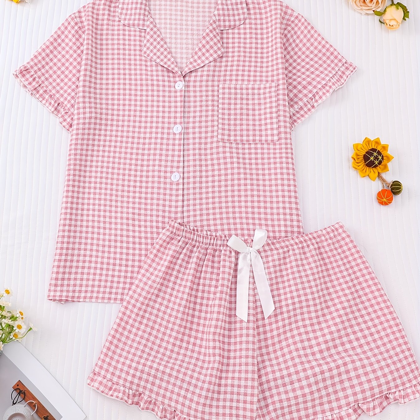 Conjunto de pijama de verano talla grande con ribete de volantes, manga corta y botones a cuadros