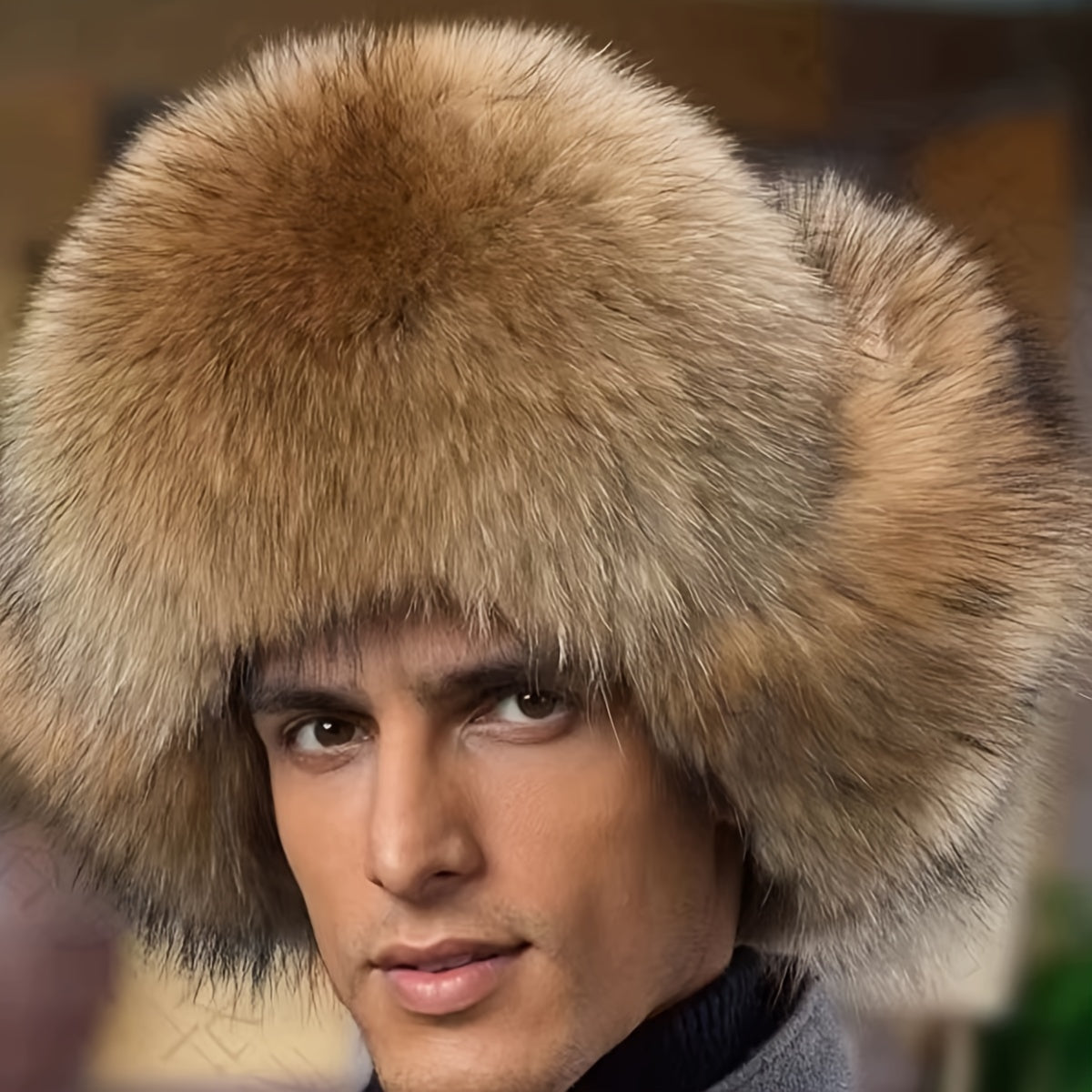 Erkaklar uchun hashamatli sun'iy mo'yna traper shlyapa, bombardimon uslubi, yumshoq mo'yna trim, Rossiya uslubidagi ushanka. Qo'lda yuvish/quruq tozalash, qishki qulaylik uchun polyester astar.